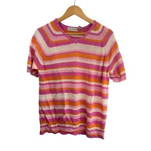 White Stag Womens Striped V Neck‎ Short Sleeve Sweater Top L Pink Orange Cream